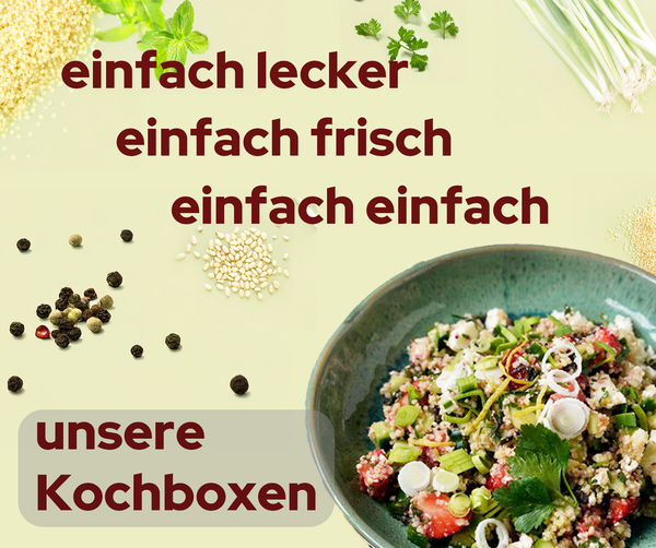 KI generiert: Ein Salat mit Gewürzen, Samen und Kräutern. Text: "einfach lecker einfach frisch einfach einfach unsere Kochboxen".