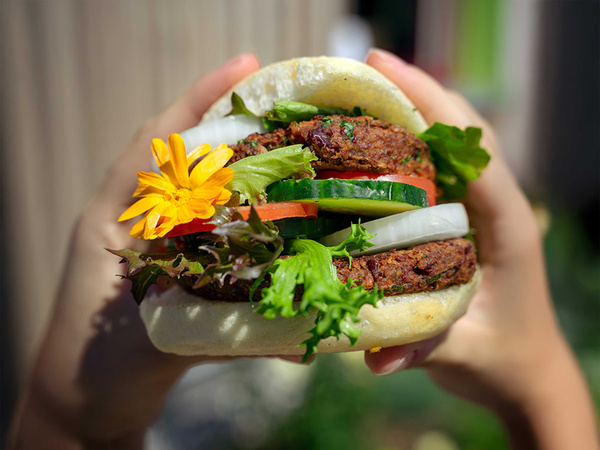 KI generiert: Das Bild zeigt einen veganen Burger, der von zwei Händen gehalten wird. Der Burger besteht aus einem Brötchen, Blattgemüse, Tomaten, Gurken, Zwiebeln und einem pflanzlichen Patty, geschmückt mit einer Blume.