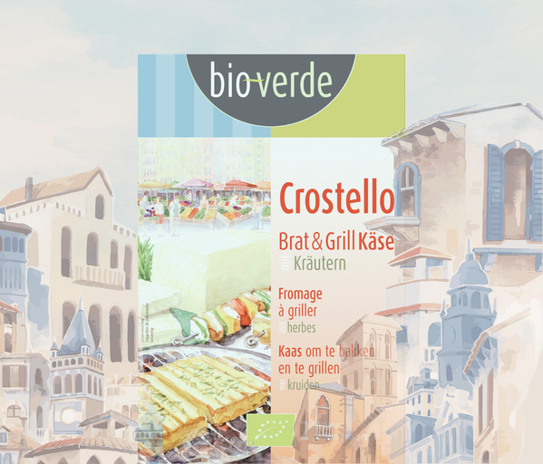 KI generiert: Verpackung von "bio-verde" Crostello Brat & Grill Käse mit Kräutern.