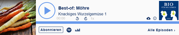KI generiert: Das Bild zeigt einen Podcast-Player mit der Folge "Noch mehr knackiges Wurzelgemüse" aus der Serie "BIO für die Ohren". Auf der linken Seite sind Wurzeln im Boden zu sehen.