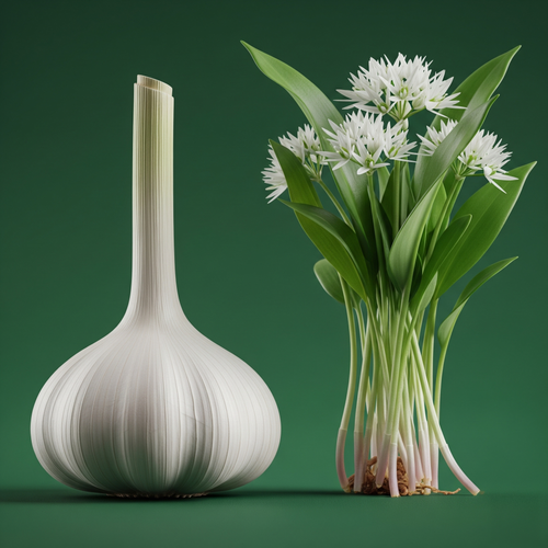 KI generiert: Eine Knoblauchknolle und blühender Bärlauch auf grünem Hintergrund.