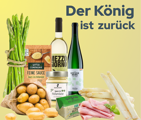 KI generiert: Grüner und weißer Spargel mit Weißwein, Kartoffeln und Sauce Hollandaise. Text: "Der König ist zurück".