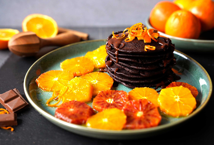 Rezeptbild für Schoko-Pancakes mit Orangen