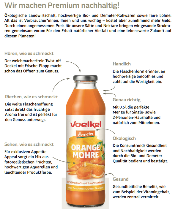 KI generiert: Flasche Voelkel Orangensaft mit Infos zu Nachhaltigkeit und Produktdetails. Text: "Voelkel Orange Möhre".