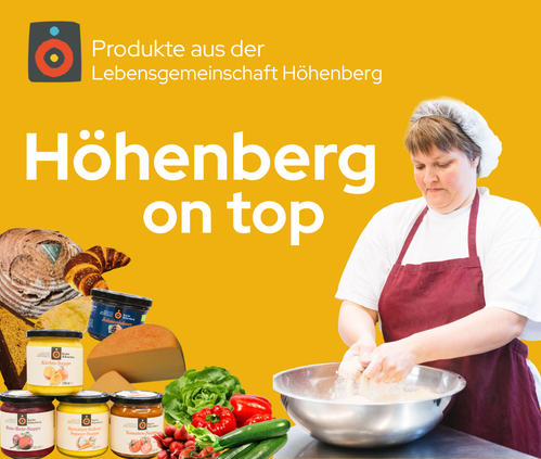 KI generiert: Eine Person knetet Teig, mit Brot und Produkten im Hintergrund. Text: "Produkte aus der Lebensgemeinschaft Höhenberg. Höhenberg on top."