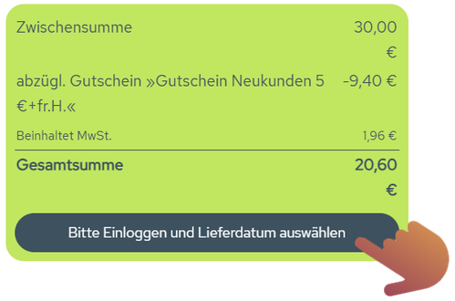 KI generiert: Beleg mit Gesamtsumme 20,60 € und Anmeldeaufforderung. Text: "Bitte Einloggen und Lieferdatum auswählen".